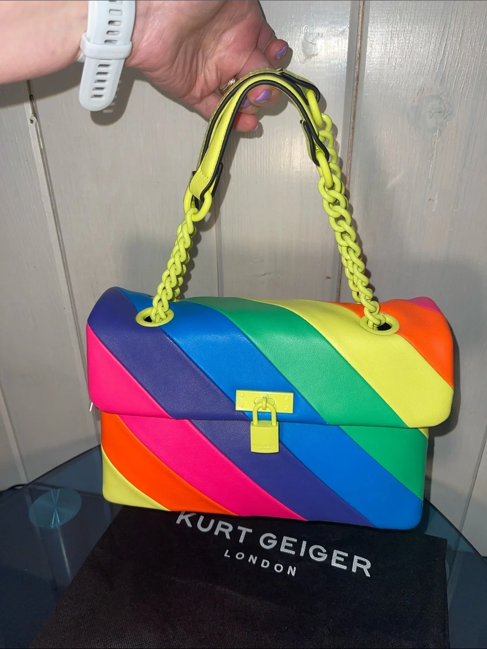Kurt Geiger London Brixton Lock Multi Color Shoulder Leather Bag Neon Chain NWT - Picture 9 of 12